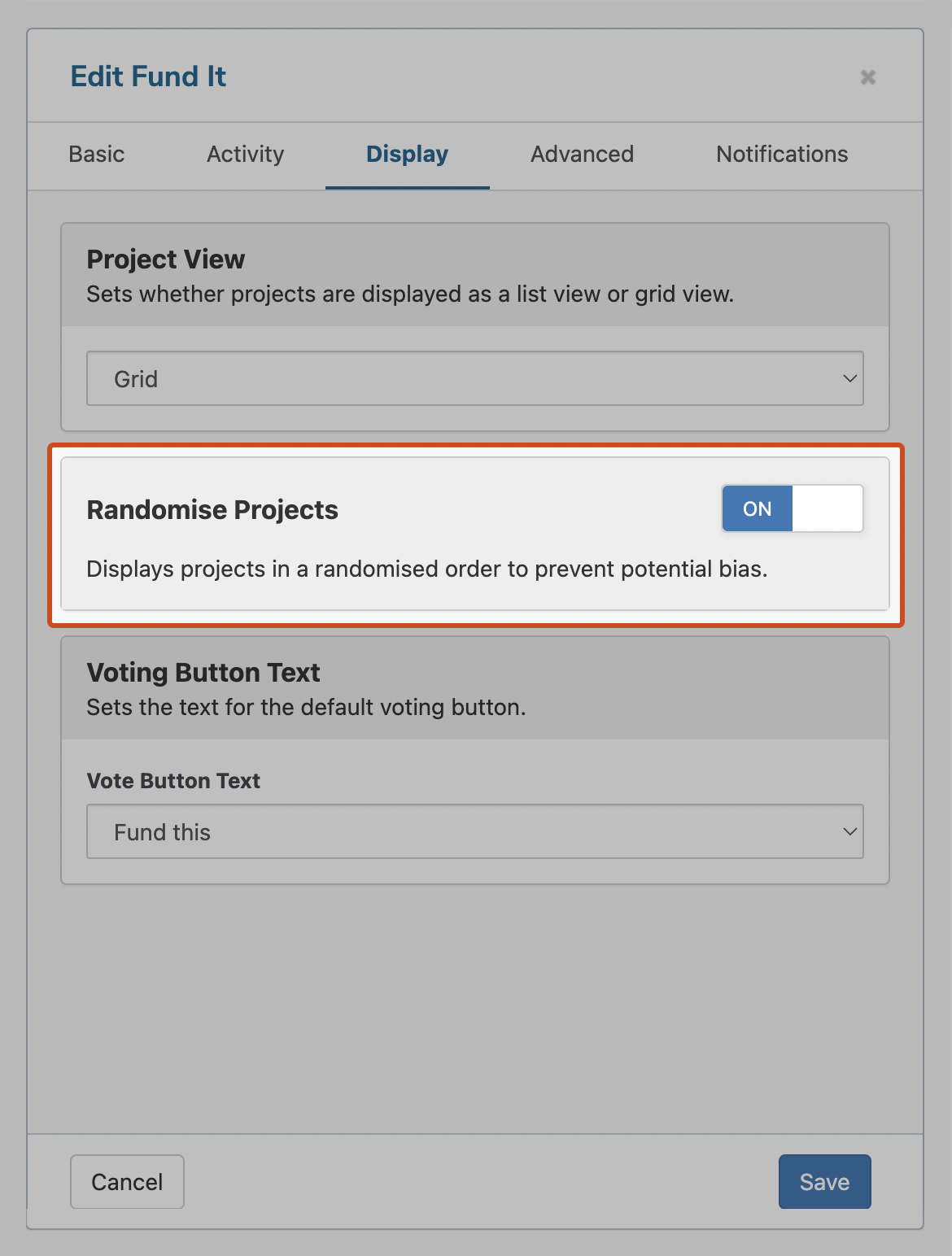 Fund-It Randomisation Settings