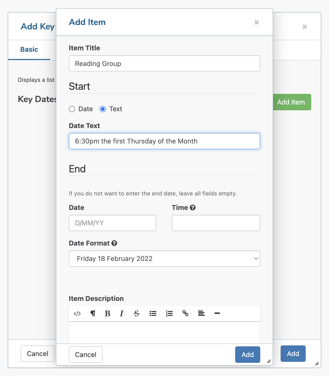 Key dates settings free text input